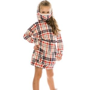 Kids PLAID HOODED KANGAROO POCKET CASUAL DRESS,